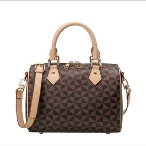 New! Beautiful Brown Geometric Boston Bag Crossbody Satchel Handbag Purse